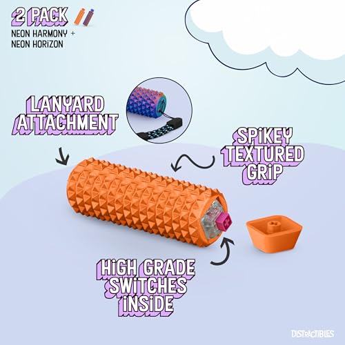 Image of Distractibles Spike Roller Clicker, Tactile Pain Stim Fidget with Clicker Switch, Pain Stimulation Roller with Lanyard (NEON Harmony + Horizon)