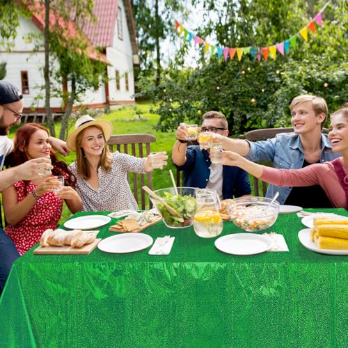 Image of 3 Pack Iridescent Green Plastic Tablecloths, Shiny Disposable Laser Rectangle Table Covers, Holographic Foil Tablecloth for St. Patrick's Day Birthday Christmas Witch Theme Party, 54x108Inch