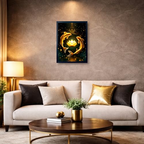 Image of ARTFUL TOY BOX - Golden Koi Fish with Lotus Photo Frame Wall Art for Home Decor | Feng Shui Wealth, Luck & Harmony Wall Decor for Living Room & Office | HD Glossy Print | Premium Fiber Black Frame - 12x18 Inch (30x45 cm) (Design 4)