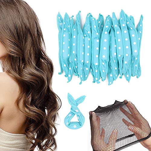20 rizadores de pelo de espuma, flexibles, con lunares, color azul, herramientas de peinado, blandos para dormir, rulos de esponja, con redecilla para mujeres y niñas Cover