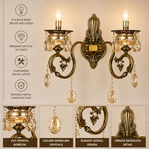 Image of Italian Wall Lamp, Antique Gold Finish, Double Light Wall Lamp with Decorative Crystals with Filament Bulb (Warm White) (Corded Electric, Glass)