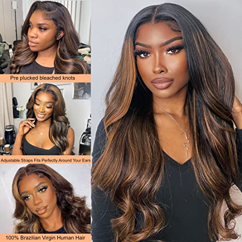 Sunber Ombre Highlight #Fb30 13X4 Lace Front Human Hair Wigs 12A Brazilian Virgin Hair Balayage Wavy Pre Plucked With Baby Hair 18Inch Piano Chocolate Brown 150% Density Body Wave Frontal Wigs #TOP3
