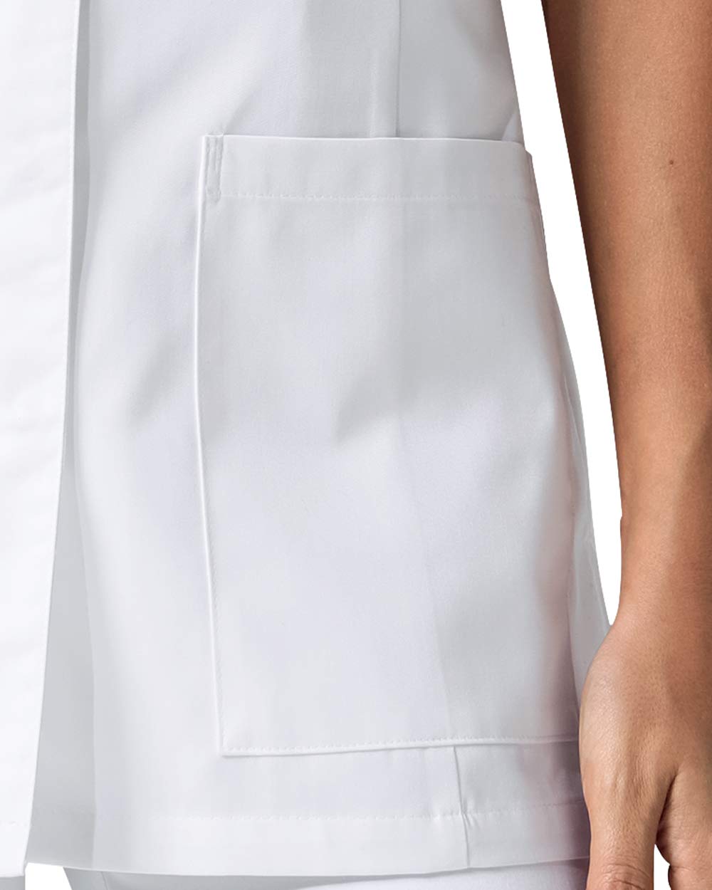 CLINIC DRESS Kasack für Damen leicht tailliert Rundhalsausschnitt verdeckte Druckknopfleiste Ärmelschlitze 2 Seitentaschen 60° Wäsche