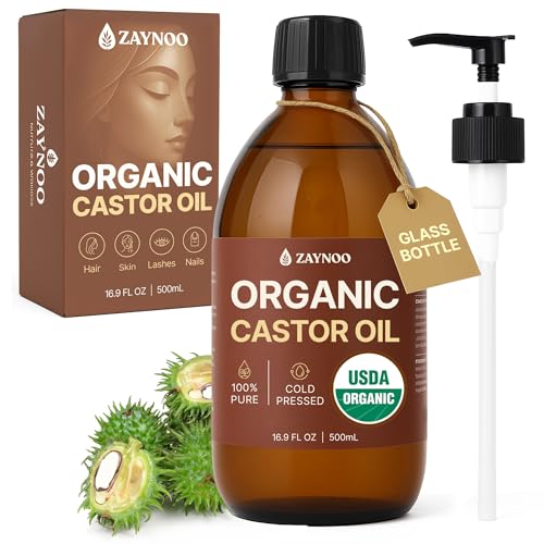 Zaynoo Organic Castor Oil 16.9 fl oz Cold Pressed, Hexane Free, USDA Certified, 100% Pure Aceite de Ricino for Hair Growth, Skin, Lashes, Brows – Glass Bottle with BPA-Free Pump