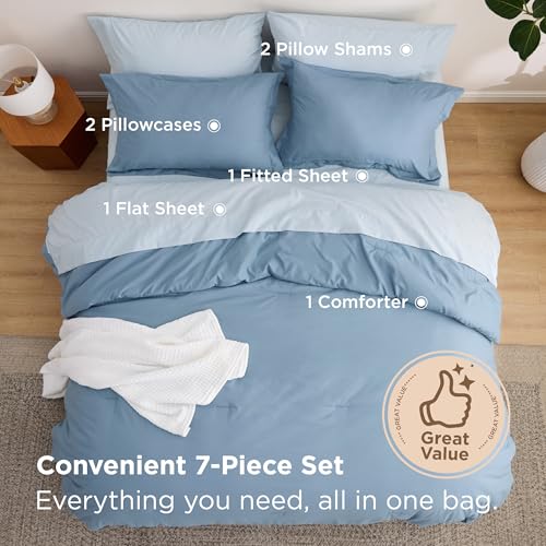 Image of Bedsure Queen Comforter Set - 7 Pieces Grayish Blue Queen Bedding Set for All Seasons, Boho Contrasting Design Bed in a Bag with Comforter, Sheets, Pillowcases & Shams