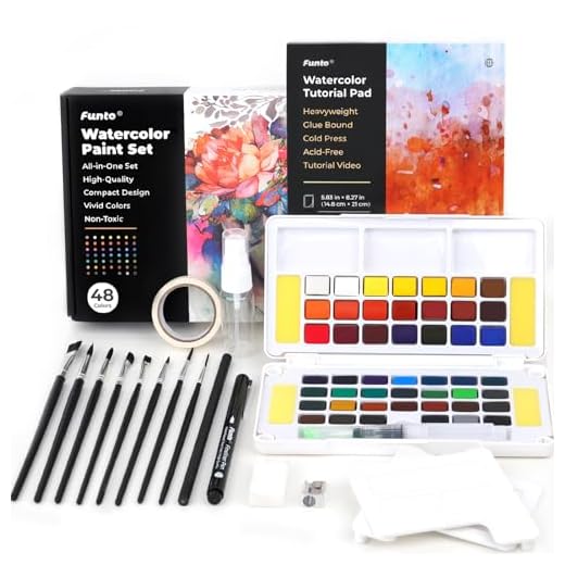 Funto Set de acuarelas, 48 colores, bloc de tutoriales, 8 pinceles, lápiz, rotulador fino, borrador, cinta, sacapuntas, botella de spray, juego de pintura para adultos, principiantes