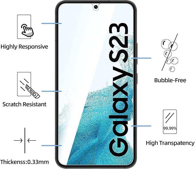 Image of Military Grade compatible with Samsung Galaxy S23 5G Tempered Glass screen protector guard | Scratch Resistance | 9H Hardness | Edge-to-Edge Protection | Easy Installation Kit