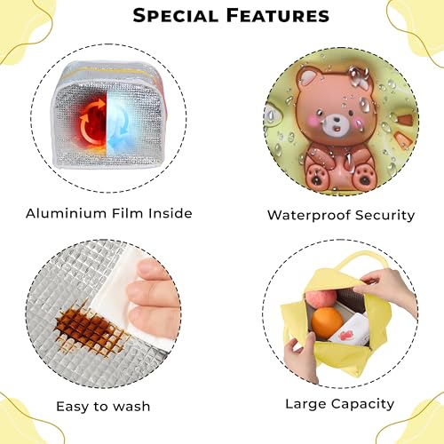 Image of Kraptick Compact & Stylish Design Printed Tiffin Bag for Children Insulated Lunch Bag for Kids Perfect Leakproof Keeps Hot and Cold Lunch Bag for School (Yellow Brown Bear)
