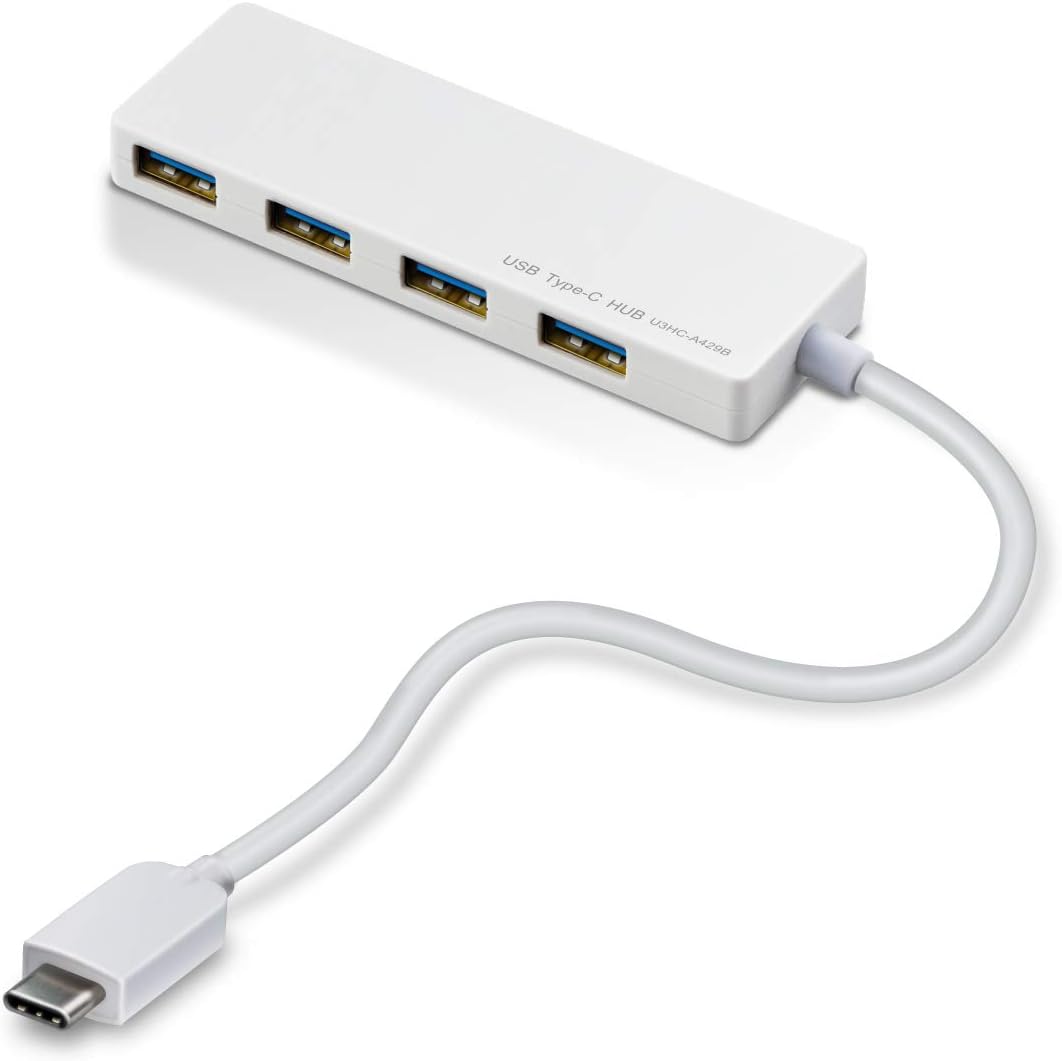 Elecom U3HC-A429BXWH USB Hub, USB 3.1, Gen1, Type-C A Female, 4 Ports, Bus Power, 5.9 inches (15 cm) Cable, Compatible with MacBook, iPad, Surface GO Pro 7, Chromebook, etc. White
