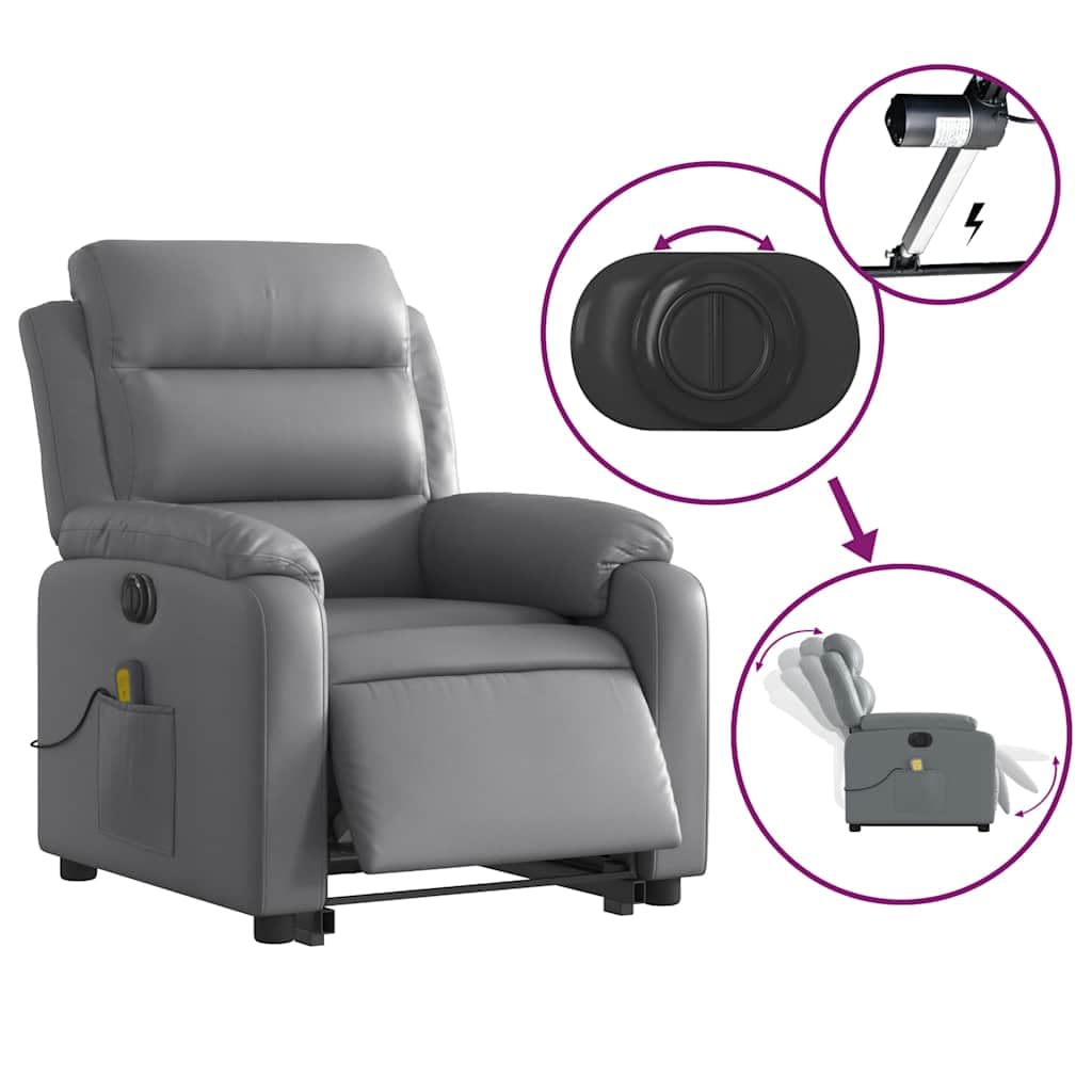 Sillón elevador eléctrico reclinable con masaje por vibración, gris de piel sintética, 6 puntos de masaje, función elevación e inclinación 135°, estructura estable,