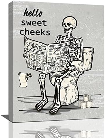 Fuzawet Retro Skull Bathroom Decor Wall Art Funny Gothic Skeleton Bathroom Toilet Sign Pictures Canvas Print Vintage Halloween Bathroom Decor Modern Goth Home Painting Framed Ready To Hang 12x16 in