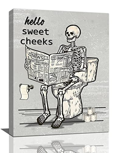 Fuzawet Retro Skull Bathroom Decor Wall Art Funny Gothic Skeleton Bathroom Toilet Sign Pictures Canvas Print Vintage Halloween Bathroom Decor Modern Goth Home Painting Framed Ready To Hang 12X16 In #TOP23
