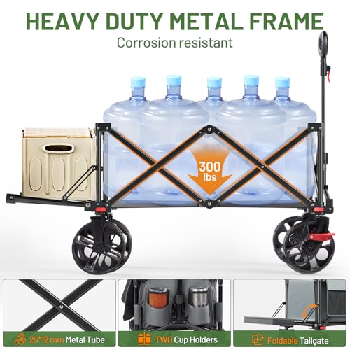 Image of TIMBER RIDGE 47 inch L Collapsible Wagon with Tailgate & Brake, 300 lbs Heavy Duty Beach Wagon with All-Terrain Big Wheels, 250L Foldable Utility Cart for Sand Camping Sports Shopping, Grey