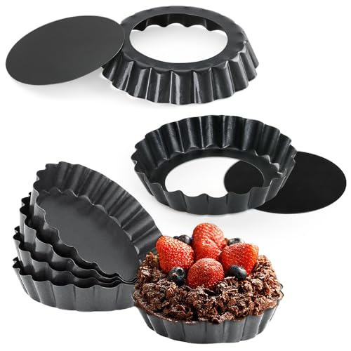 Cyimi 6 Pack Mini Tart Pans Non-Stick 4 Inch Quiche Pan with Removable Bottom Round, Heavy Duty Fluted Side Tart Pan for Pies, Mousse Cakes, Quiche Bakeware and Desserts
