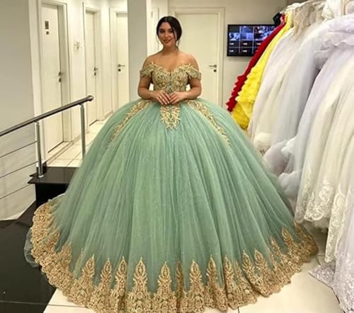 Women's Off Shoulder Quinceanera Dress Ball Gowns Long Formal Gold Applique Tulle Formal Evening Party Dresses2