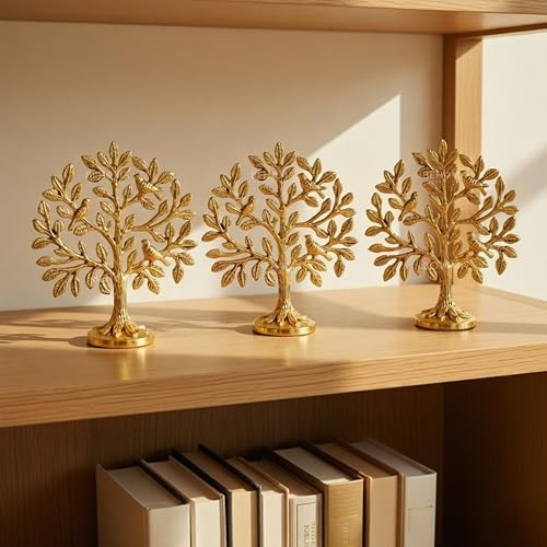 Image of BEHOMA Brass (5.9 inch) Kalpvriksh Tree with Birds Set - Set of 3 | Kalpavriksha Tree of Life Showpiece for Table Decor | kalpvriksha Vastu & Fengshui Decor, Home & Puja Temple Ornament,
