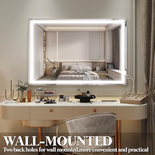 Image of FENNIO Large Vanity Mirror with Lights,35.5 inch x 27 inch LED Makeup Mirror,Hollywood Mirror with 3 Color Modes & Adjustable Brightness,Vanity Mirror Square White