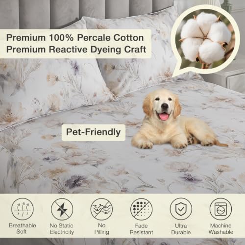 Image of Vintage Brown Floral Percale Bed Sheets Full Size Deep Pocket 4Pcs | 100% Cotton White Flower Sheet Set, Blooms Printed Shabby Chic Sheets, Cottagecore Luxury Bedding, Farmhouse, Soft Crisp