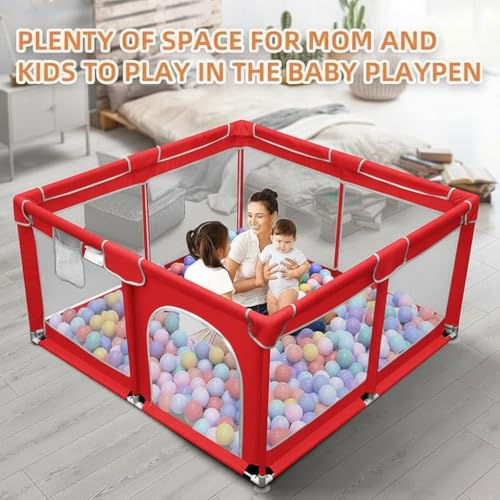 Image of ShivAnanta Foldable Baby Playpen Safety Fence for Kids Indoor Play Area with 30 Pit Ball Breathable Mesh, Anti Slip Base, Toddler Play Yard for Crawling, Playing & Learning Activity Play Center 3+ Years (Red)