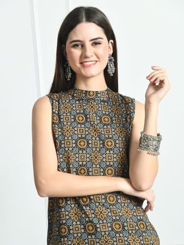 Image of feranoid Unique Printed Choker Neck Back Button Sleeveless Long Kurti