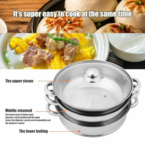 3 Tier Steamer with Glass Lid - Stainless Steel Cooking Pot Kitchen Food Steamer for Vegetables and Rice - Professional Kitchen Cookware - Image 5