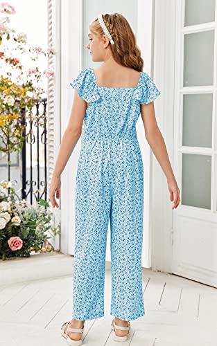 Kimmta Girl’s Summer Floral Printed Rompers Ruffle Short Sleeve Wide Leg Jumpsuits With Button #TOP2