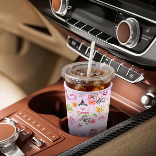 Image of Insulated Neoprene Cup Sleeve for Iced Coffee & Cold Soda - Reusable & Sweatproof, Keeps Drinks Cold Longer, Coffee Coolie for Hot & Iced Drinks (Halloween Ghost & Book, Small: 16-18oz)