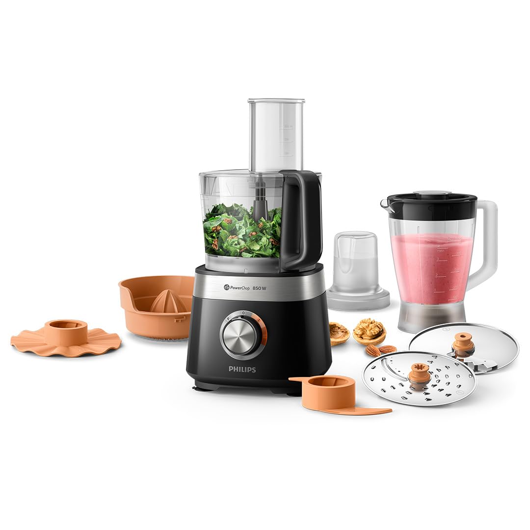 Philips HR7530/10 Küchenmaschine Viva Collection (850 W, 29 Funktionen, 2L Füllkapazität, 2-in-1 Schneidescheibe, Zitruspressenaufsatz, Standmixeraufsatz) schwarz