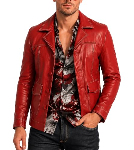 Image of Mens Fight Tyler Durden Brad Inspired Costume Leather Jacket | Short Lapel Collar Motorcycle Retro Racing Red Faux Leather Biker Jacket