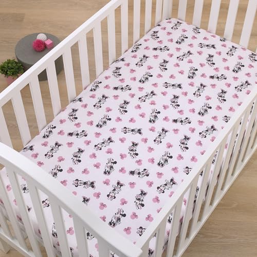 Image of Disney Minnie Mouse Pink, Black, and White Super Soft Nursery Fitted Crib Sheet