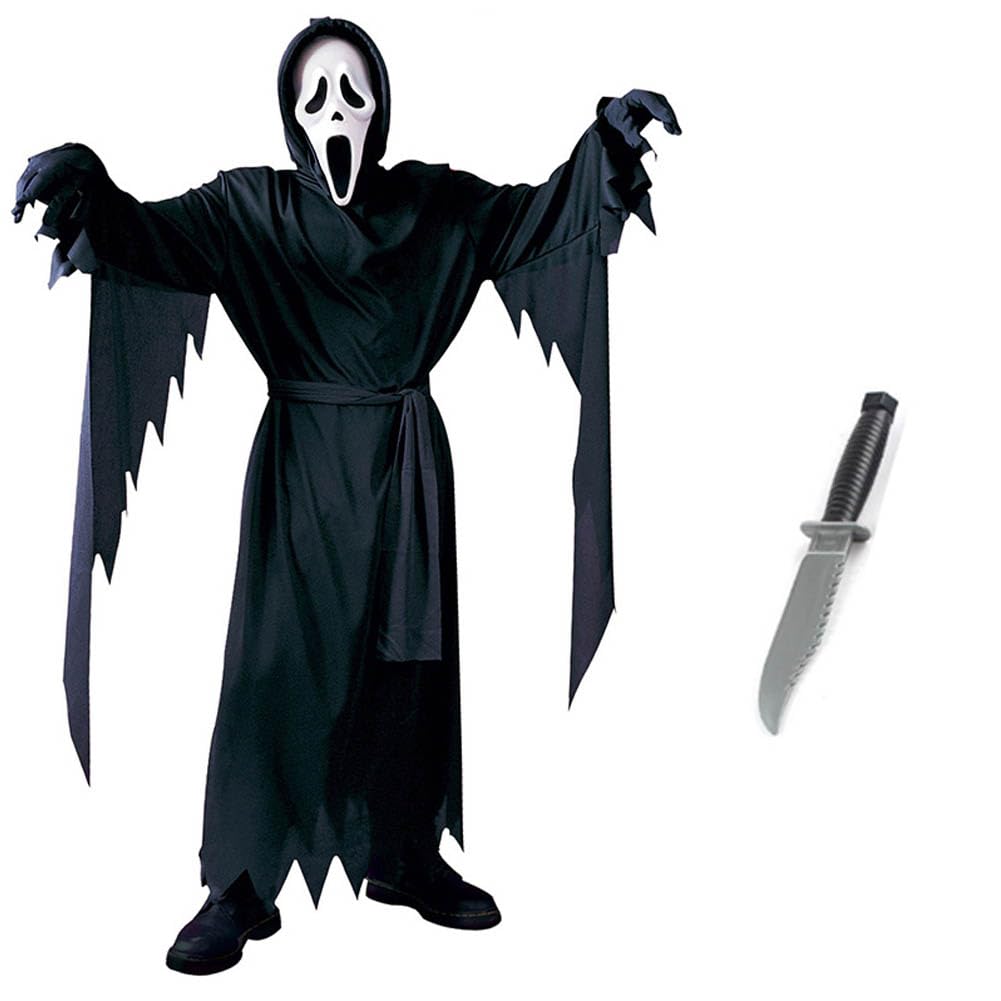 HVFGXY Scream Costume for Adult Ghostface Outfit&Gloves&Belt&Mask Halloween Costumes Scary Terrifier Fancy Dress for Parties Cosplay(Dress&Mask&Knife-Kid XL)(10-12Y) โ image 1