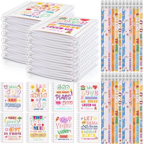 Crtiin Easter 48 Pcs Include 24 Bible Verse Notepad 24 Pencils Kids Christian Church Gifts Students Classroom Award Religious Notebook Bible Pencils Prayer Pocket School (White Jesus,White)