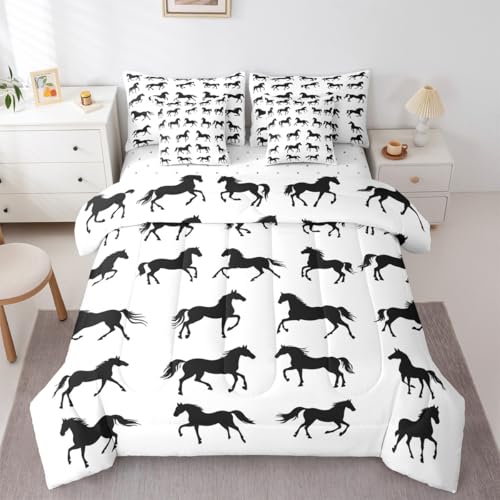Image of Black Horses Bed in a Bag Queen Comforter Set 7 Piece | Horse Gifts for Girls Farm Animals Bedding Sets Wild Animal Western Comforter and Sheet Set,Cowboys Gifts for Men Rustic Farmhouse Decor