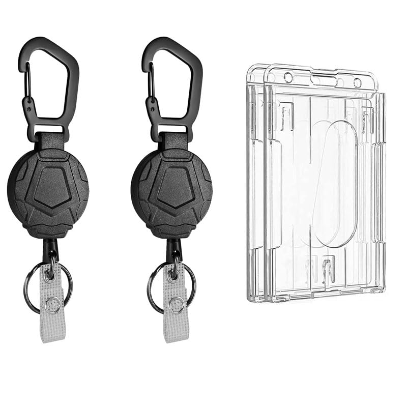 suokoun 2 Pack Heavy Duty Retractable Badge Holder Reel with ID Card Badge Holders, ID Badge Holder with 70CM Steel Wire Rope, Keychains with Carabiner Clip for ID Card Holder