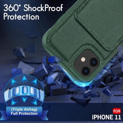 Image of amazon basics Premium Vegan Leather Back Cover with Card Holder and Integrated Mobile Stand for iPhone 11 - Slim Shockproof Wallet Case with Geometric Stitching [Green]