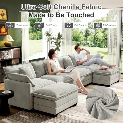 Image of 146 inch Cloud Couch Sectional Modular Sofa, Deep Seat Couches with Ottoman and Removable Washable Pillows for Living Room, Bedroom, Apartment, Light Grey