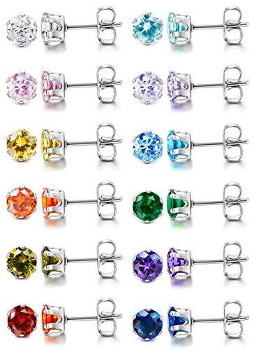 LOYALLOOK 12 Pairs Stainless Steel Brilliant Cut Round Cubic Zirconia Birthstone Stud Earrings for Women 5mm