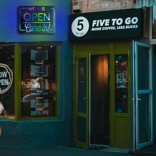 Image of ineonlife Open Neon Sign Come in We are Open Mirrored Colorful LED Lights for Business Decor Bright Led Light Signs Window Door Decoration Bar Shop Coffee Salon Store