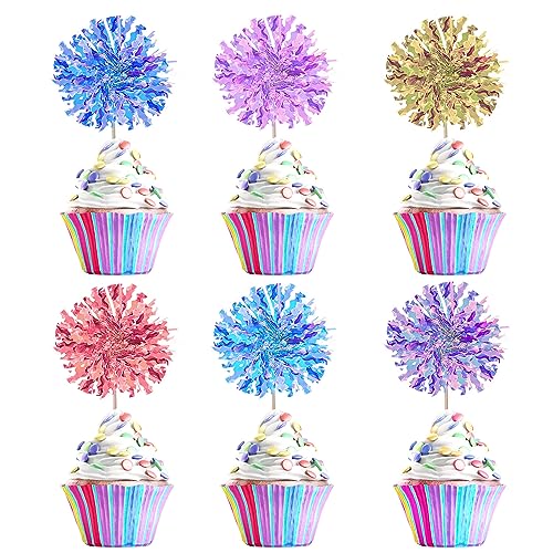 BlingABC 30Pack Foil Firework Cake Toppers, 6 Colors Sparkle Tinsel Cupcake Topper Cocktail Picks Decoration for Birthday Wedding Ceremony Party Supplies