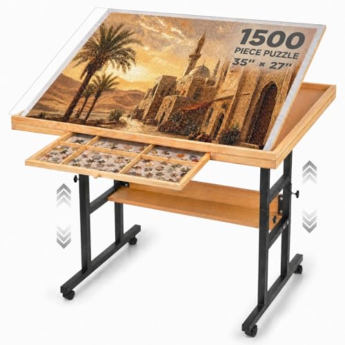 Jigsaw Puzzle Table 1500 Pieces Adjustable Height Puzzle Board Puzzle Table Anti Slip Felt with Leg Rolling Sorting Drawer Cover and Storage for Adults Birthday Gift