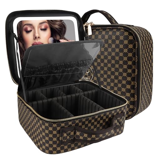 MOMIRA Travel Makeup Bag Cosmetic Bag Makeup Organizer Bag with Large Lighted Mirror 3 Color Scenarios Adjustable Brightness(Quatrefoil Dark Brown)