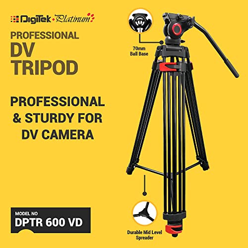Image of DIGITEK (DPTR-600VD) 163CM Platinum Heavy Duty Video Tripod, 2-Way Pan Head, Max Load 20kg, Black, Rubberized Legs, Bubble Head, 3-Section Adjustment, 4.1kg Weight, for DSLR Cameras & Video Camcorders