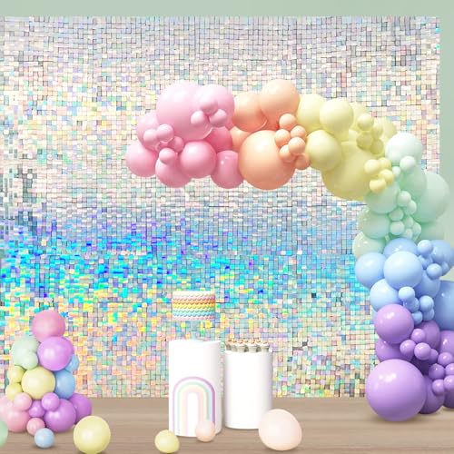 Rainbow Silver Shimmer Wall Backdrop, 30cm*30cm*24 Pcs Square Sequin Panels, Photo Booth Backdrop for Birthday, Wedding, Baby Shower (6FTx4FT)