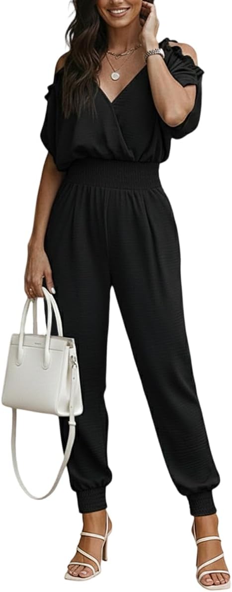 Jumpsuits For Women Dressy Elegant Summer Casual Vacation One Piece Outfits Sexy Cold Shoulder Long Romper