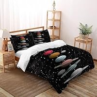 Planets Space Bedding Set Theme Bedspread Space Theme Duvet Cover Set Microfiber Comforter Cover Universal for All Seasons with Pillow Double（200x200cm）