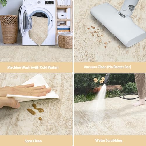 Image of Aelenmu 5x7 Area Rugs for Living Room Washable Bedroom Dining Room Beige | Modern Abstract, Non-Slip Backing, Soft, Low-Pile, Foldable, Water Repellent, Pet Proof, Non-Shedding, Indoor
