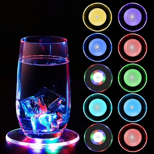 QESSUVNC 10 Stück LED Untersetzer Bunt LED Untersetzer mit 7 Lichtmodi 10CM Acryl Rund Wasserdichtes Untersetzer für Hochzeiten Bar Geburtstage Leuchtende Untersetzer Gläser Party