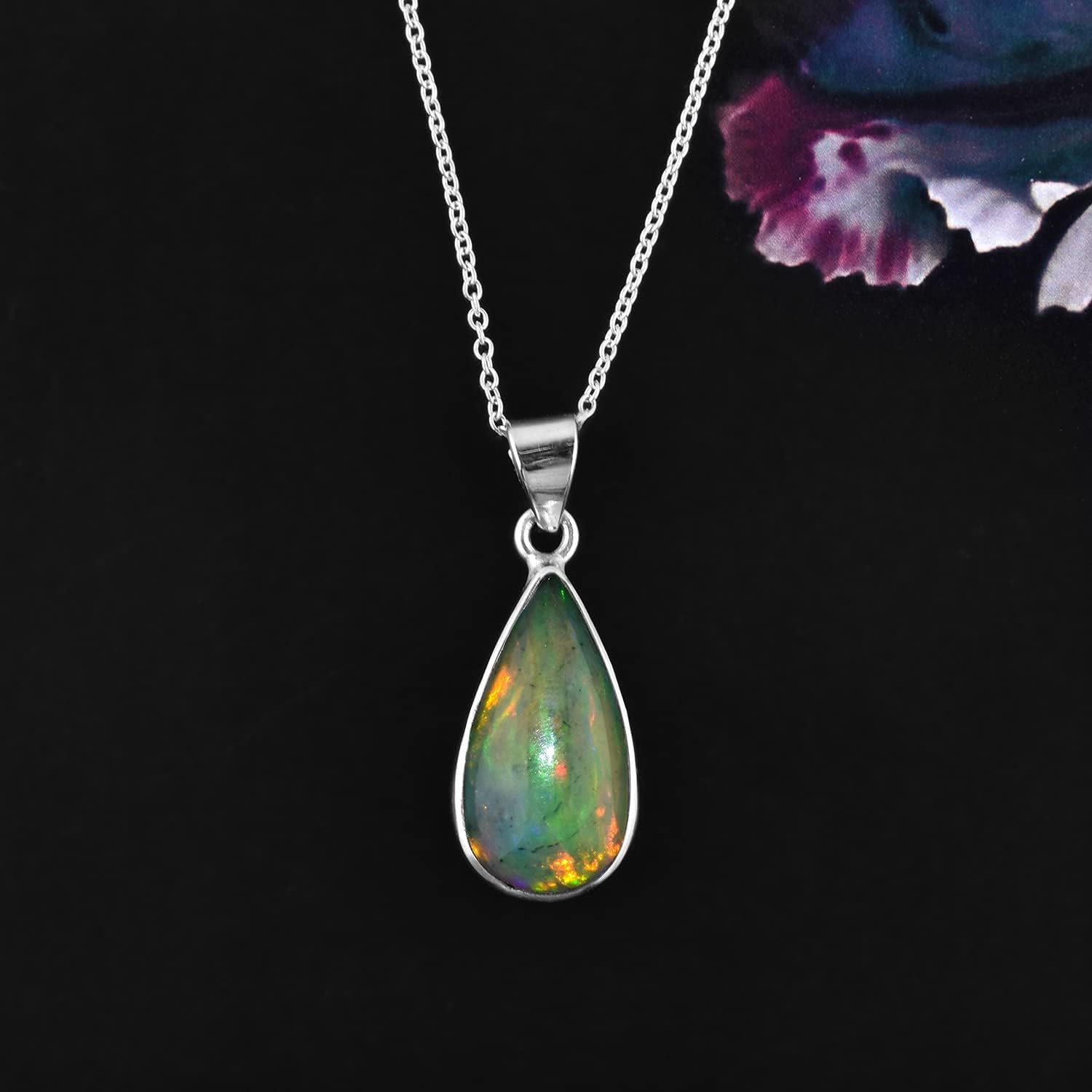InfinityGemsArt Mothers Day Gifts Black Fire Opal Pendant Necklace Women, Birthstone Jewelrt Natural Gemstone Dainty Bezel Handmade Jewelry, Chakra Energy Healing Crystals, 925 Silver Chain 18 inch - Image 3