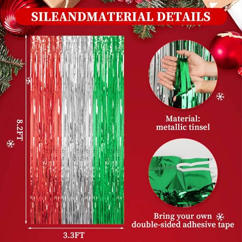Image of DECOCKRAT 3 Pack Foil Fringe Backdrop - Shiny Tinsel Curtains for Party Decoration /Photo Booth Props - 3.3x8.2FT Metallic Foil Backdrop for Birthday, Wedding, Graduation, Christmas-Red&Silver&Green