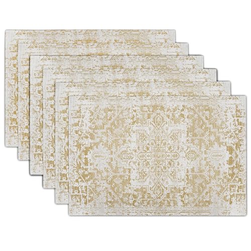Image of Gray Tan Boho Placemats Set of 6 Ethnic Bohemian Carpet Place Mats Washable Kitchen Dining Vintage Grey Geography Floral Linen Table Mats Stain Heat-Resistant for Home Party Indoor 12x18 in